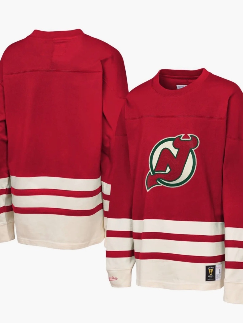 NWT Mitchell & Ness Juniors Red New Jersey Devils Chainstitch Heavyweight Top L